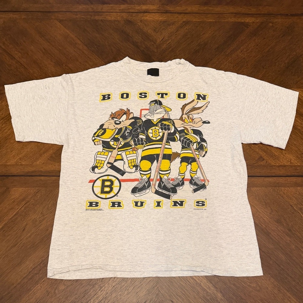 Vintage 1993 Boston Bruins Looney Tunes T-Shirt Changes Grey NHL Bugs Bunny XL